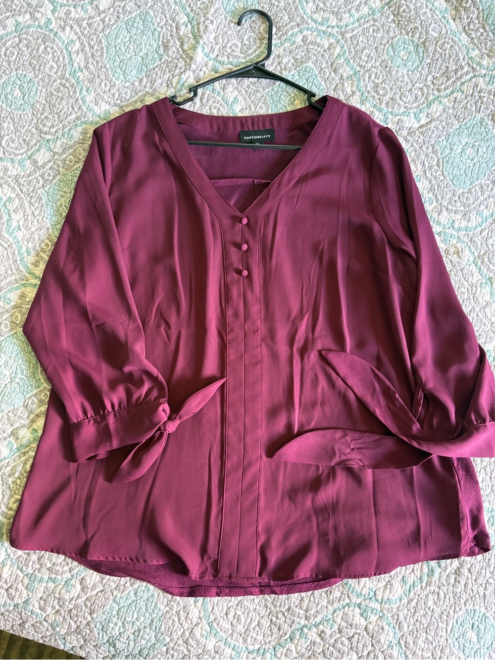 Worthington Wine V-Neck Button Front Tie-Sleeve Blouse